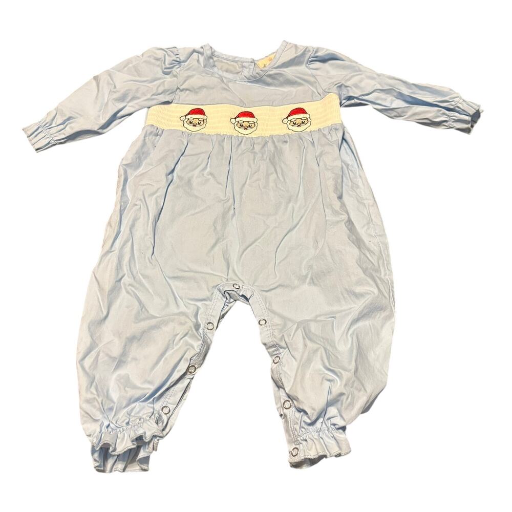 Marie Nicole Blue Smocked Santa Baby Romper Christmas Outfit 12-18M  Unisex